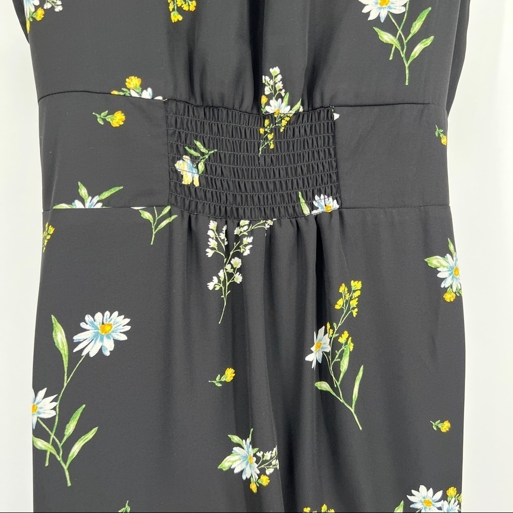 Socialite Floral Black Surplice Wrap Front Ruffle Cap Sleeve Banded Waist Dress - Picture 9 of 13